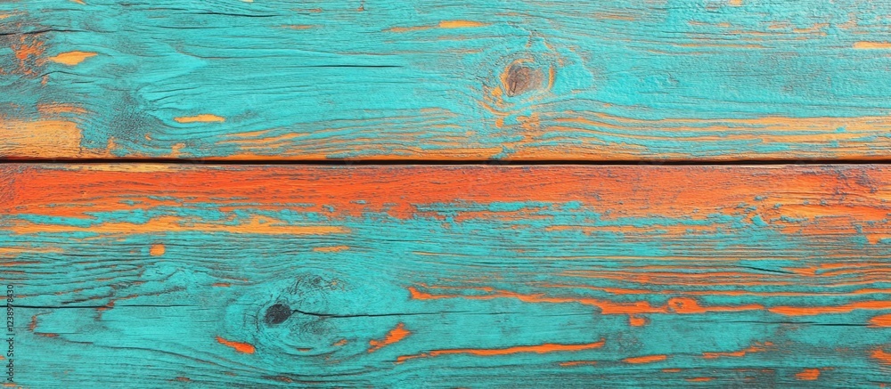 Poster textured wooden surface with turquoise and orange paint pattern horizontal orientation copy space