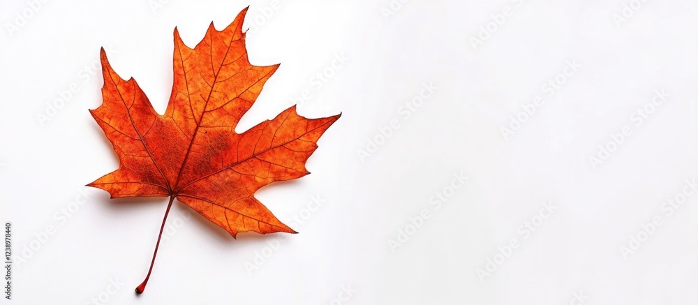 Poster Orange maple leaf on a white background with ample copy space for text placement