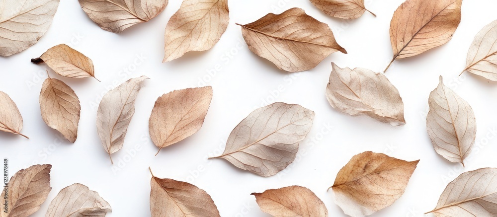 Aufkleber Dried leaves arranged on a white background with various shapes and sizes creating a natural and textured composition Copy Space