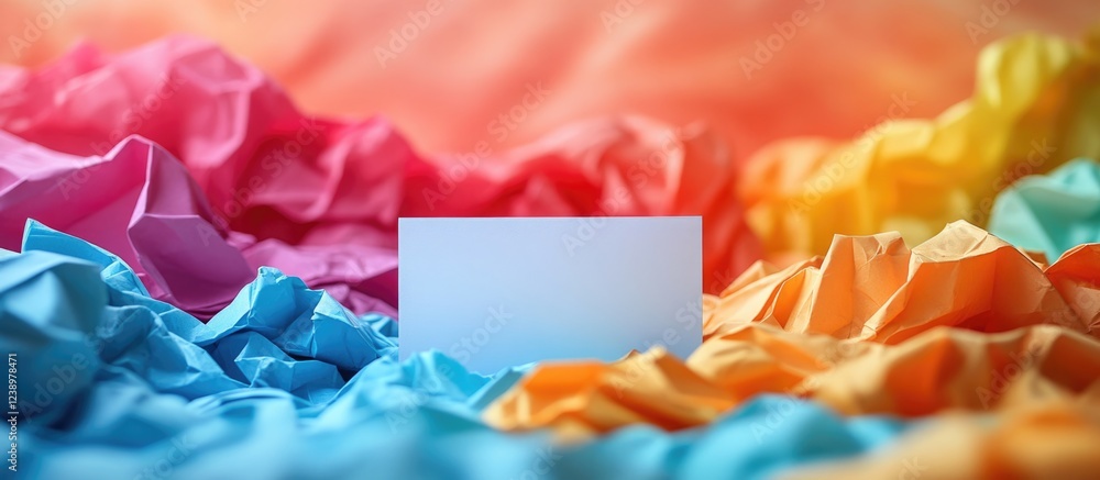 Poster Colorful crumpled paper background with empty card in center for text placement Copy Space