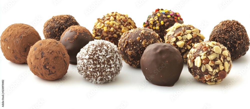 Poster Assorted gourmet chocolate truffles with various coatings and textures on a white background with copy space