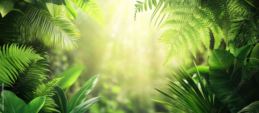 Poster lush green tropical jungle foliage with sunlight filtering through trees creating a tranquil natural