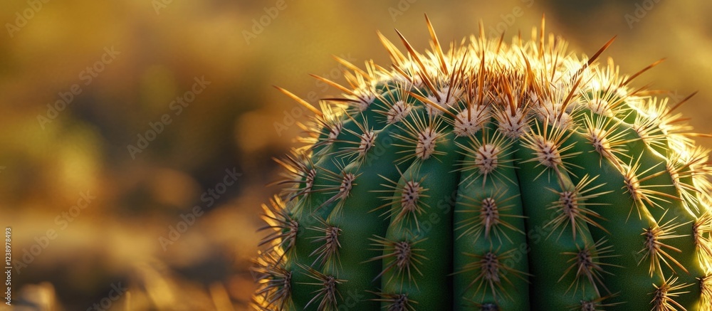 Poster Close-up view of a round cactus with sharp spines illuminated by sunlight in a desert environment with soft background and Copy Space.