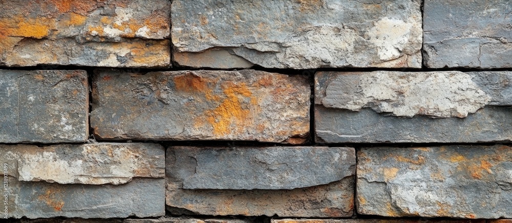 Poster weathered stone brick wall texture with varying shades of gray and orange tones suitable for backgro