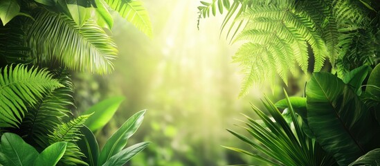 Lush green tropical jungle foliage with sunlight filtering through trees creating a tranquil natural background Copy Space