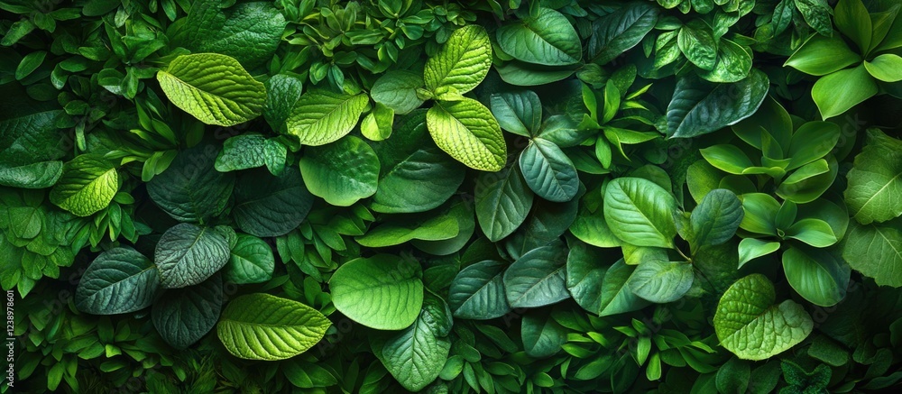 Poster lush green foliage background featuring various types of leaves in different shades of green with te