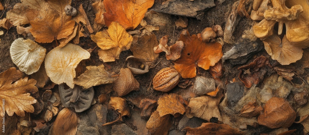 Poster mixed autumn leaves and nuts on the ground in various shades of brown and orange with organic textur
