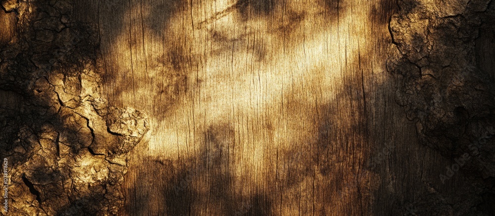 Poster wood texture background with light and shadows highlighting natural patterns and cracks in the surfa
