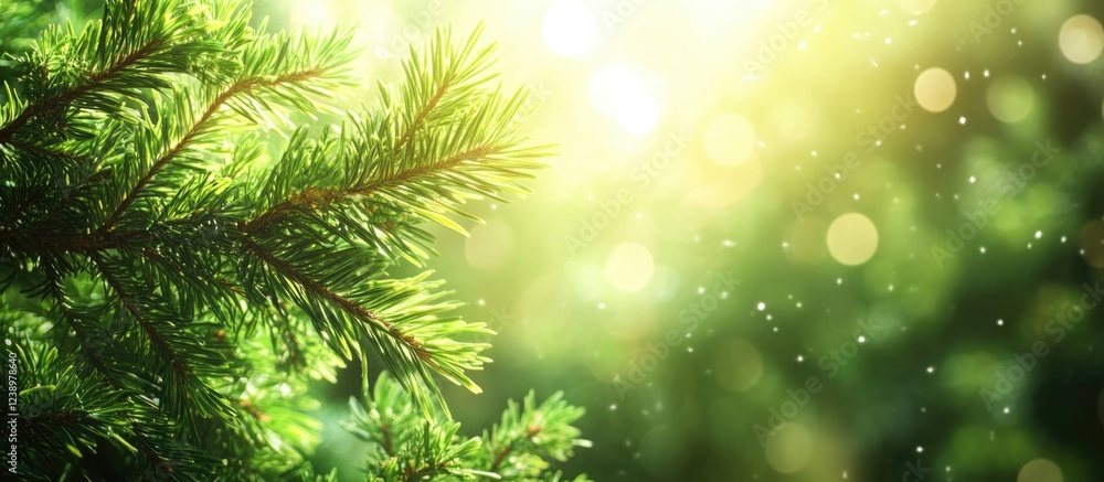 Poster close-up of fresh green pine tree branches with soft glowing light and bokeh effects in the backgrou
