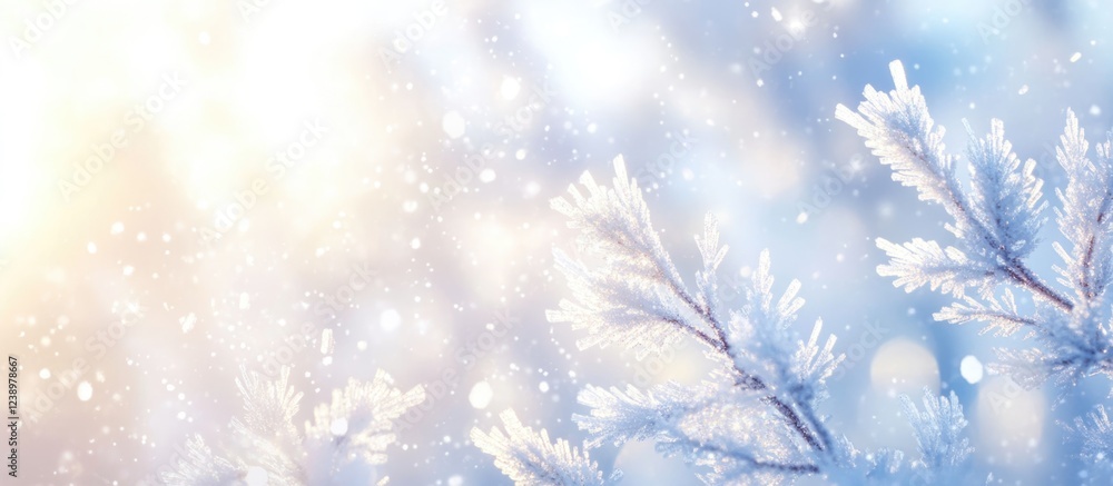 Aufkleber frosted pine branches with shimmering snow and soft sunlight in a winter landscape with dreamy bokeh