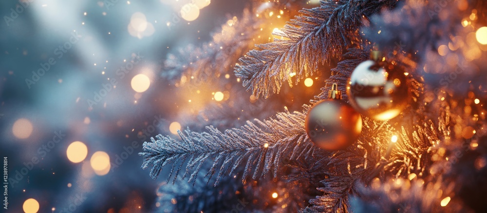 Poster Christmas tree close-up with ornaments and soft glowing lights in a winter setting, festive bokeh background and copy space.