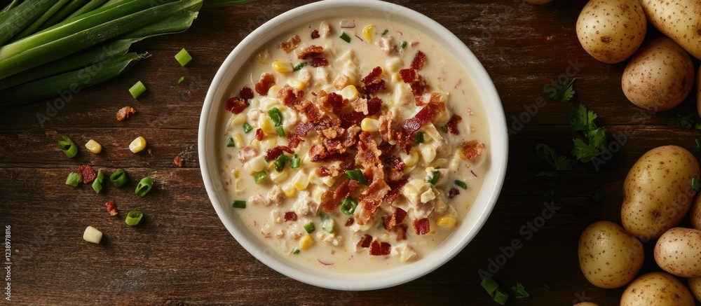 Poster creamy potato and corn chowder topped with crispy bacon and green onions served in a white bowl on a
