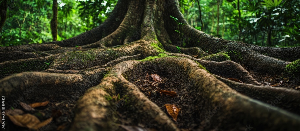 Poster tree roots close-up in a lush green forest with visible moss and fallen leaves, detailed textures an