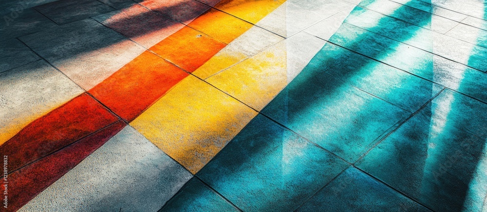 Poster colorful textured flooring with vibrant paint stripes and shadows highlighting patterns and forms. c