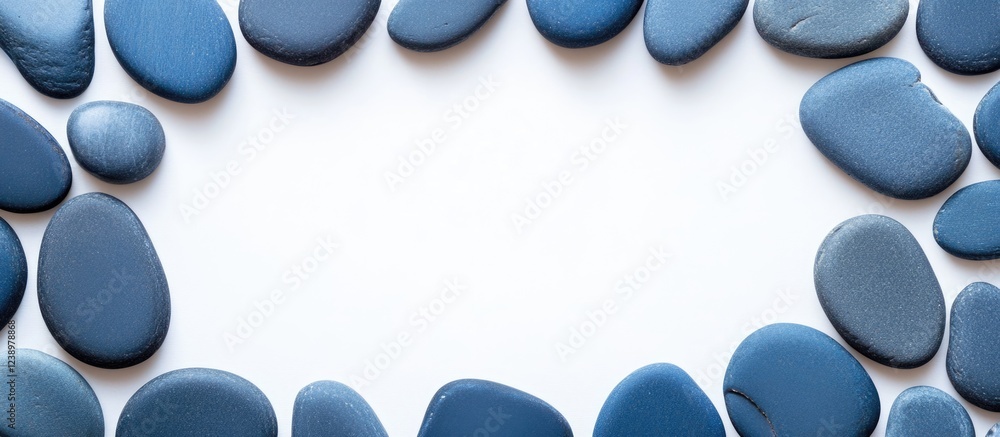 Poster blue river stones arranged in a frame on a white background with empty copy space for text or graphi