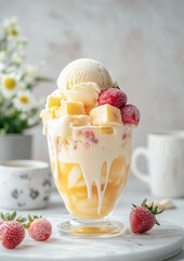 Ice cream dessert with mango milkshake, ice-cream ball and fruit pieces topped with cream and caramel