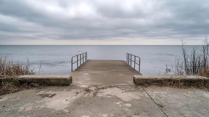 Naklejka premium Empty pier overlooking a vast, calm sea under heavy gray clouds, evoking isolation