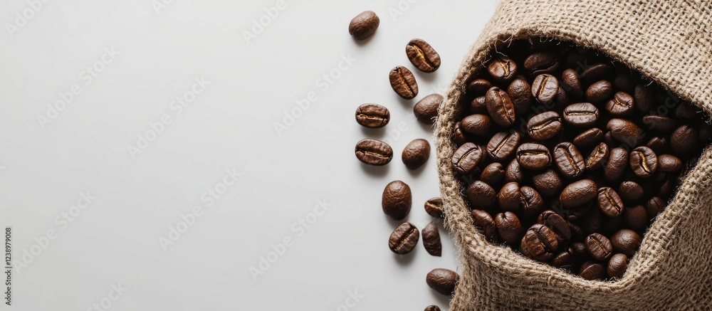 Poster coffee beans spilling from burlap sack on white background with copy space for text.
