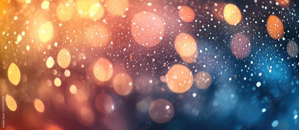 Poster colorful bokeh lights with raindrops on glass creating a textured background suitable for various de
