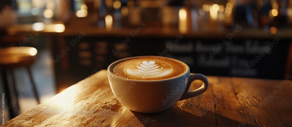 Aufkleber Cup of latte with leaf latte art on a wooden table in a coffee shop with warm lighting and blurred background Copy Space