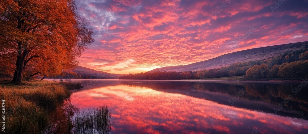 Poster autumn landscape with vibrant orange trees reflecting in still water under colorful sunset sky with 