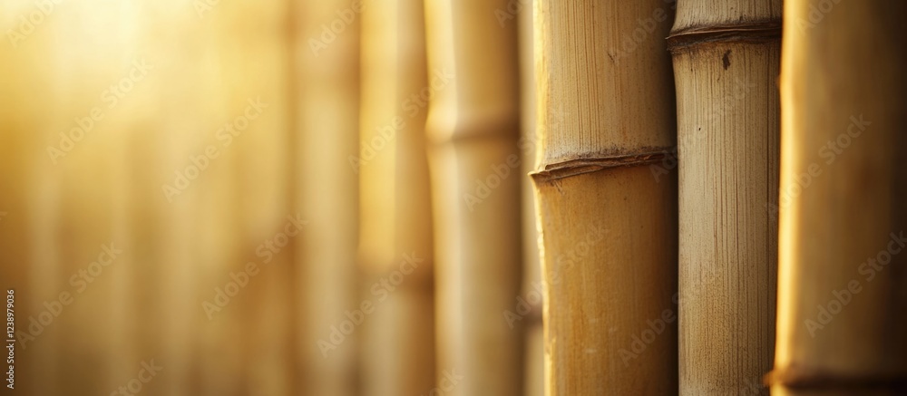 Poster Bamboo stalks illuminated by warm sunlight with a soft focus background natural textures and patterns Copy Space