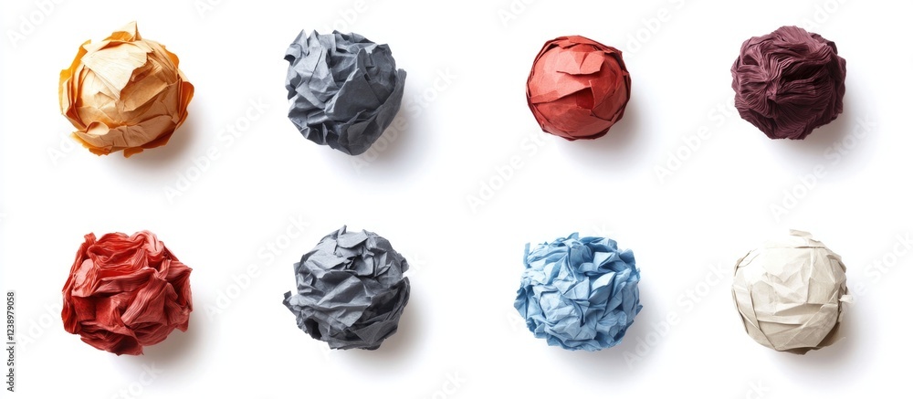 Poster colorful crumpled paper balls arranged in a grid on a white background copy space
