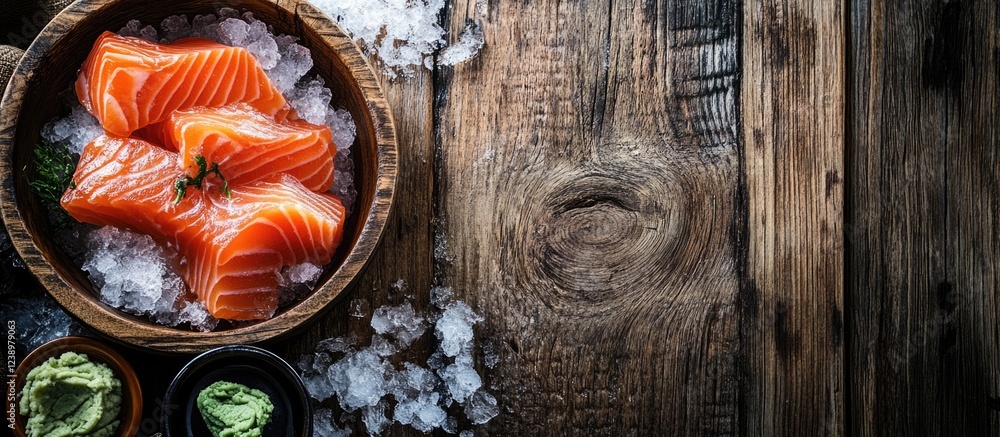 Poster fresh salmon fillets on ice in a wooden bowl with wasabi and soy sauce on rustic wooden background c