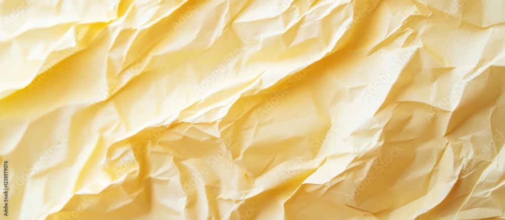 Poster Crumpled yellow paper texture background with uneven surface and natural shadows Copy Space