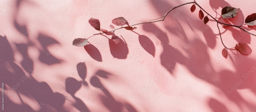 Poster shadows of leaves on a pink wall creating an abstract pattern with warm lighting and ample copy spac