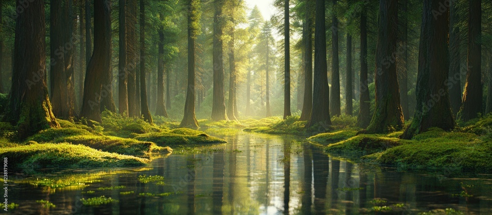 Poster Lush forest scene with sunlight filtering through trees reflecting in calm water with moss covered banks and serene atmosphere Copy Space