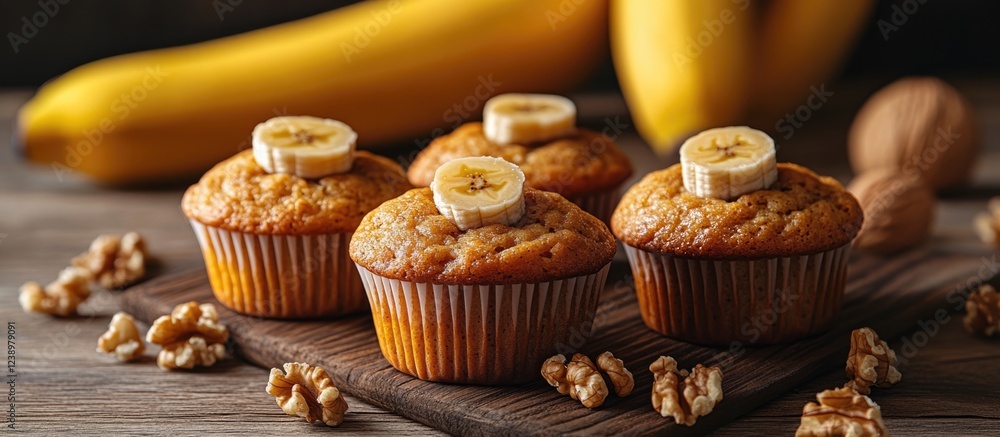 Poster banana walnut muffins with banana slices on top placed on wooden table with walnuts and bananas in s