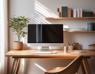 minimalistic home office with modern desktop computer wooden desk bookshelf natural light