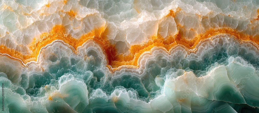 Poster abstract close-up of layered agate stone with orange and teal colors displaying intricate patterns a