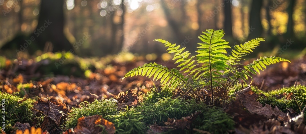 Poster lush green fern growing on forest floor covered in autumn leaves with soft sunlight filtering throug