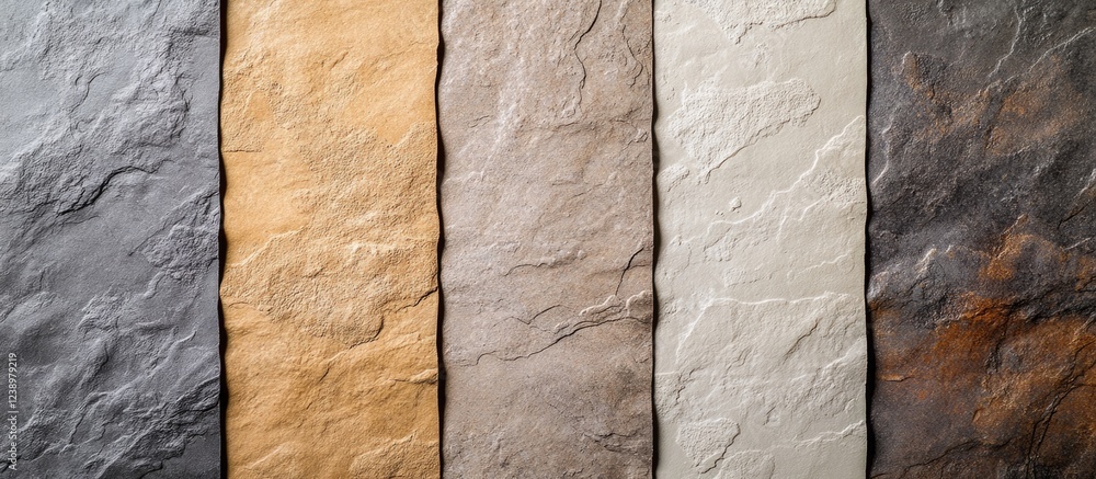 Poster textured stone panels in various earthy colors arranged vertically with natural patterns and copy sp