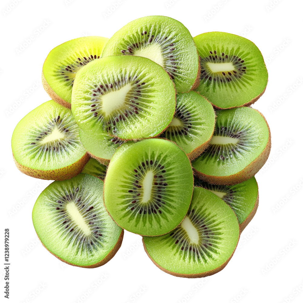 Poster a close up image shows a cluster of numerous bright green kiwi fruit slices piled together against a
