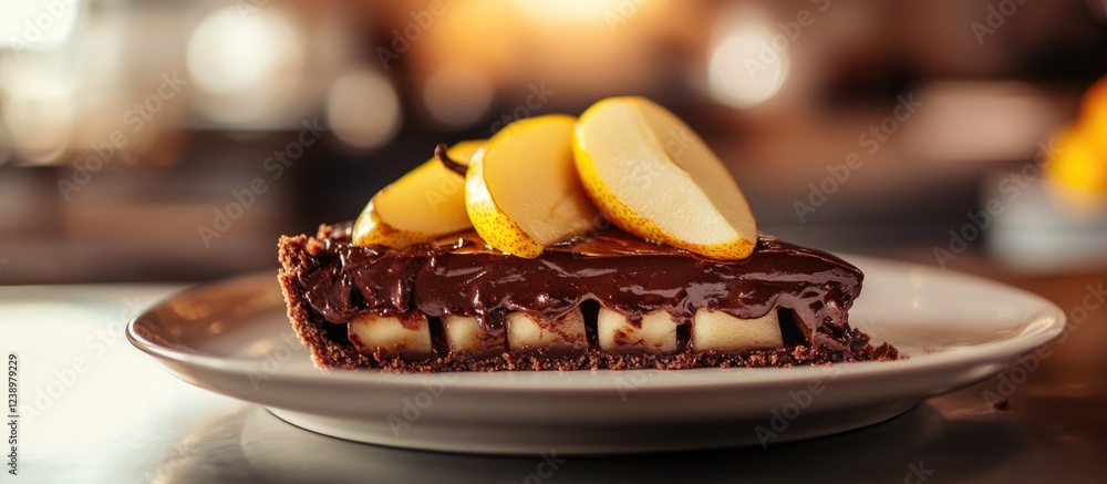 Poster chocolate banana cream pie slice topped with fresh banana slices on a white plate with blurred backg