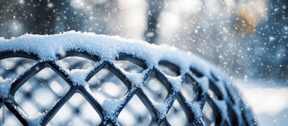 Poster snow-covered metal lattice structure with falling snowflakes and blurred winter background, suitable