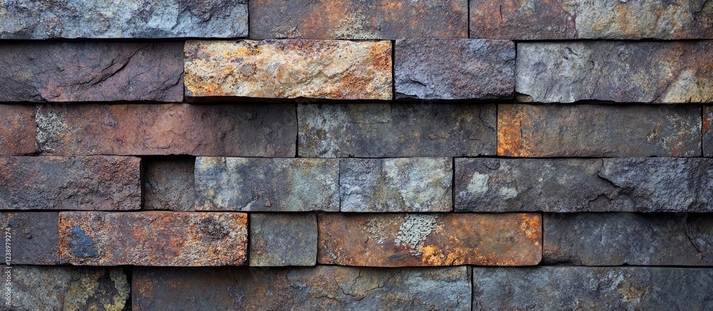 Poster textured wall of stacked rustic stones in various colors creating a natural pattern suitable for bac