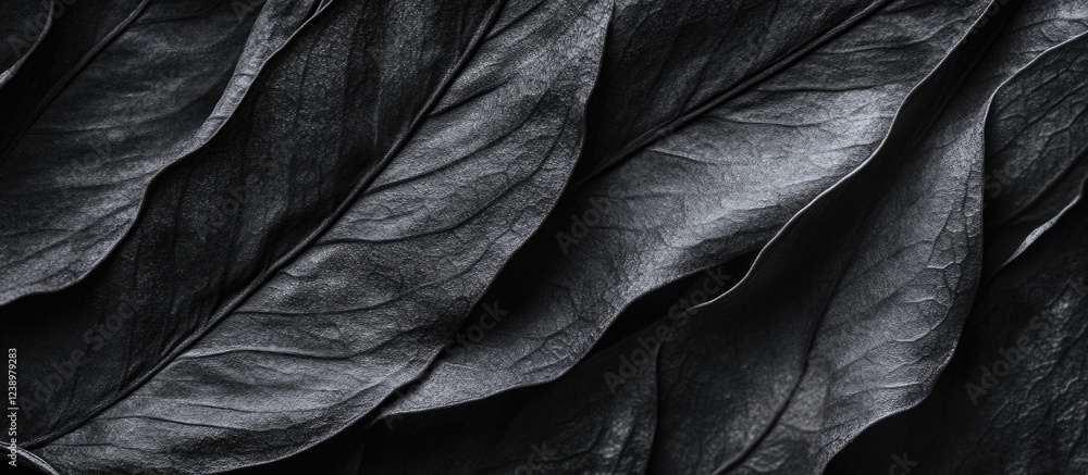 Aufkleber Black and white close-up texture of overlapping dry leaves with detailed vein patterns and shadows Copy Space