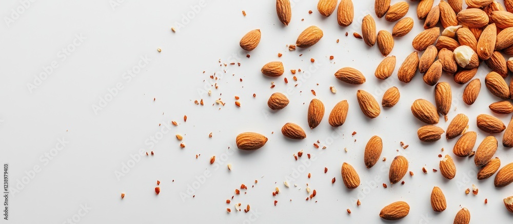 Poster almonds scattered on a white surface with some broken pieces and crumbs copy space