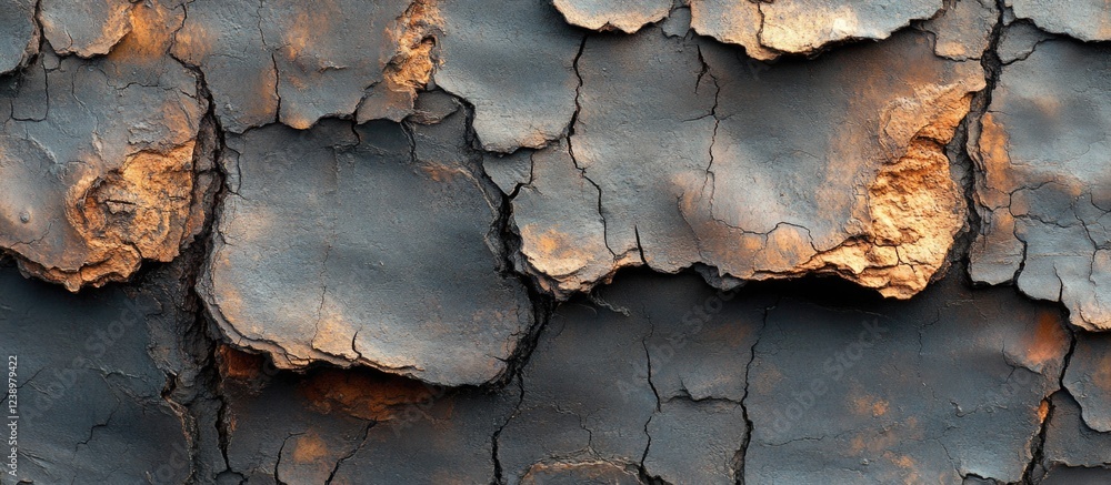 Poster textured surface of cracked and peeling paint in shades of gray and orange with visible rough patter