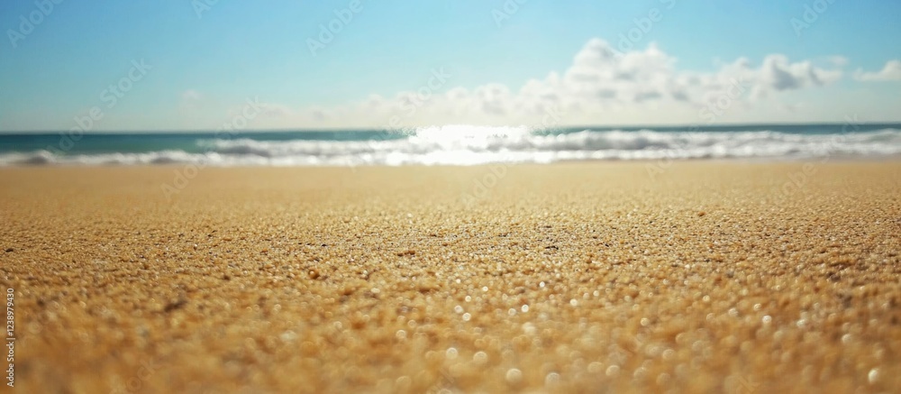 Poster beach sand with ocean waves in background under bright blue sky and scattered clouds, low angle view
