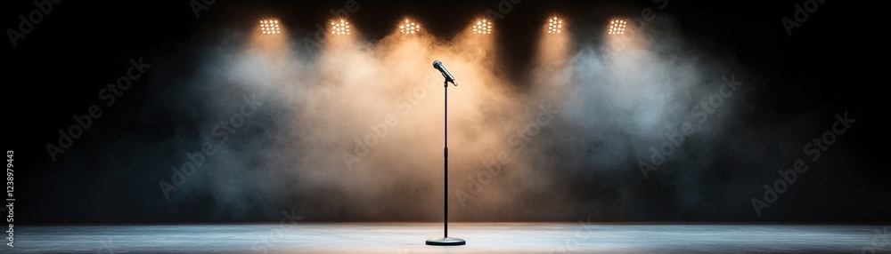 Poster a microphone stand sits alone at the center of the stage, illuminated by gentle overhead lights. the