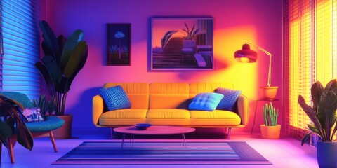 Vibrant Neon Living Room Interior Design Scene