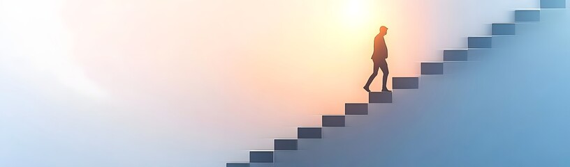 A solitary figure ascending a staircase towards a bright horizon, symbolizing personal growth and ambition