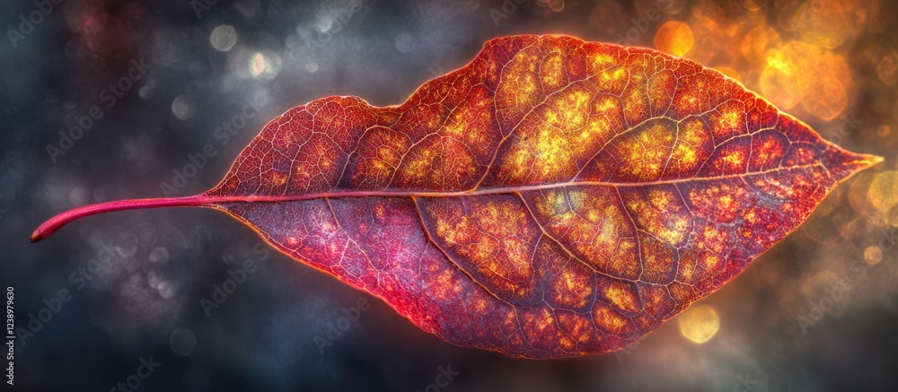 Poster autumn leaf with vibrant red and gold colors against a blurred abstract background with bokeh lights