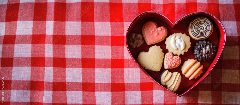 Aufkleber Heart-shaped box of assorted cookies on a red and white checkered tablecloth with copy space for text.