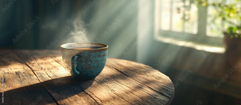 Poster hot steaming cup of coffee placed on a rustic wooden table with natural sunlight streaming through a
